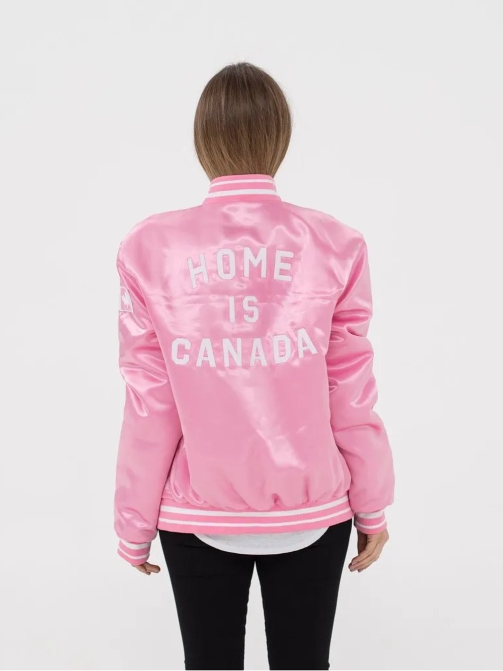 Peace Collective Pink Satin Home Is Canada Bomber Varsity Jacket 2015 limited